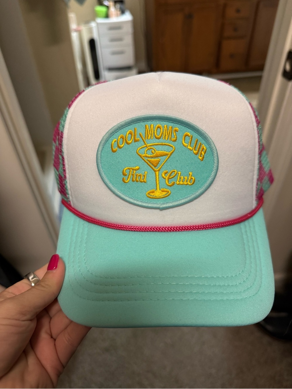 Cool Moms Club Trucker Hat - Aqua & White with Pink Trim